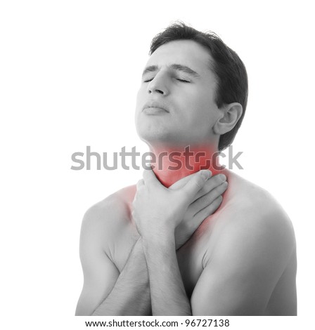 stock photo young man holding his throat in pain isolated on white 