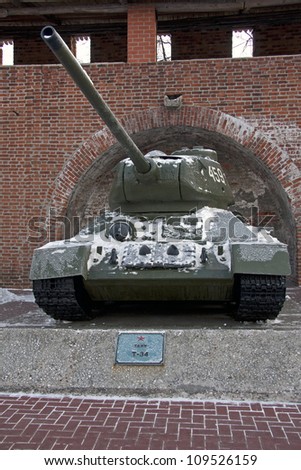 NIZHNY NOVGOROD, RUSSIA - JANUARY 25:  T-34 tank on display at World War II Soviet Army Weapons and Equipment outdoor exhibition in N.Novgorod Kremlin, 25.01.2012.
