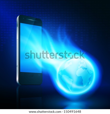 Flying flaming the globe from mobilephone on dark background with stream of binary code. Raster version.