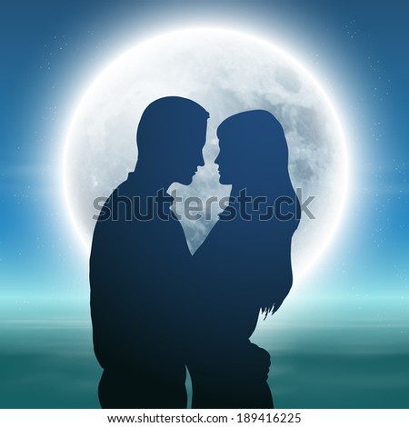 Sea with full moon and silhouette couple at night.