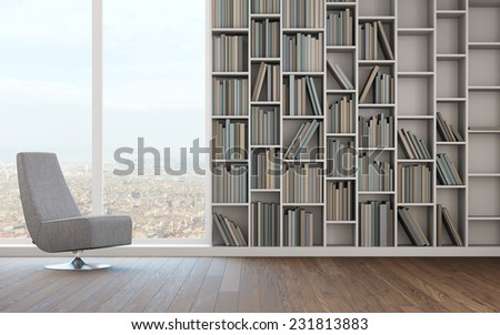 3d render of leisure room with library and city view
