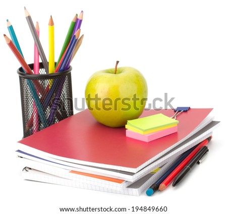 Notebook stack and pencils. Schoolchild and student studies accessories. Studies concept.