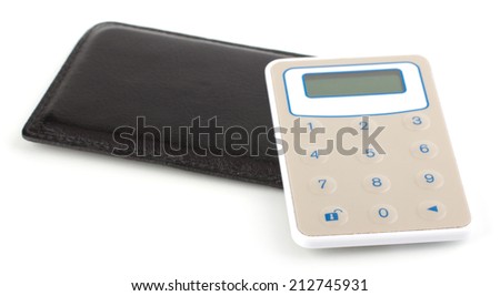 Bank calculator with leather cover isolated on white background. Office accessories.