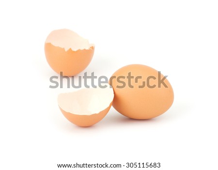 Chicken eggs and egg shell closeup isolated on white background