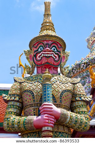 Red demon gate guardian at Wat Pra Kaew