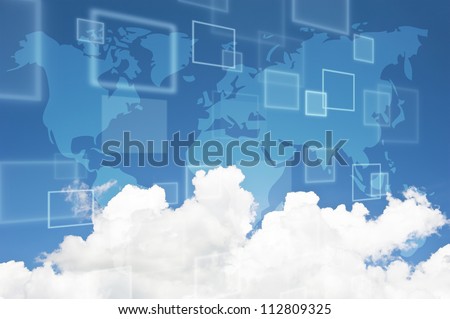 Clouds and clear blue sky with world map