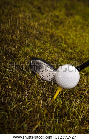 Golf ball on green meadow, driver