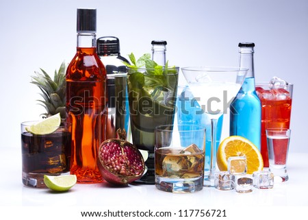 Cocktails, alcohol drinks with fruits