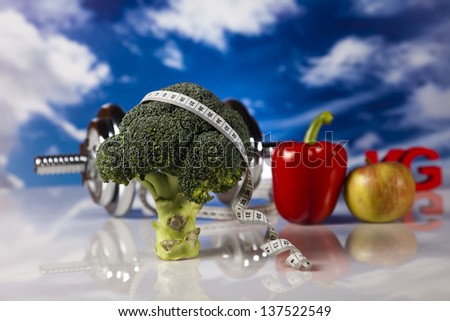 Vegetable and fruit fitness and blue sky