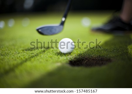 Golf ball on green meadow, driver