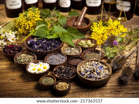 Herbs medicine and vintage wooden