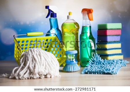 Assorted cleaning products, home work colorful theme