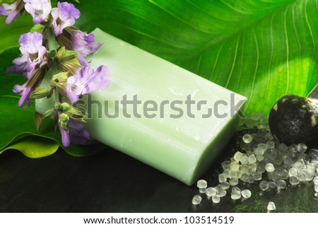 bar of soap scented with sage flower  in natural background