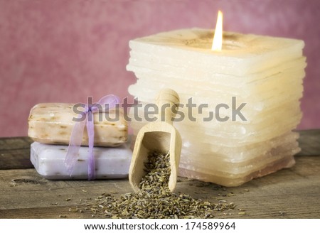 lavender dried flowers, soap and candle
