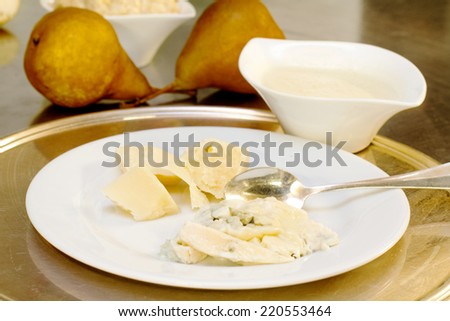 cheese and pear matching with cheese sauce and pear cream for some gourmet recipe