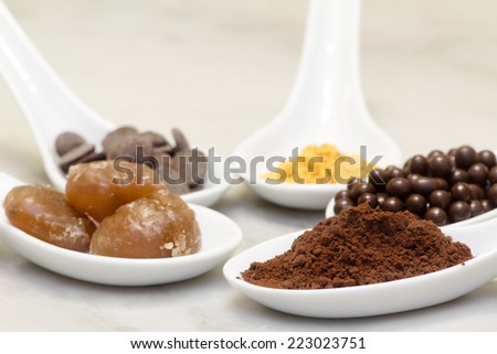 cocoa, chocolate praline, marron glacee, cacao and golden edible powder over ceramic spoon