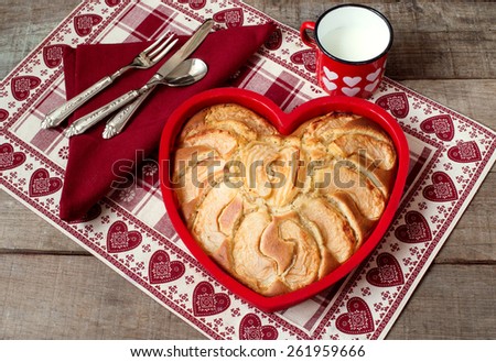breakfast apple pie with milk mug over heart decorated country placemat