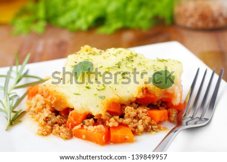 shepherd\'s pie with minced meat and vegetables.