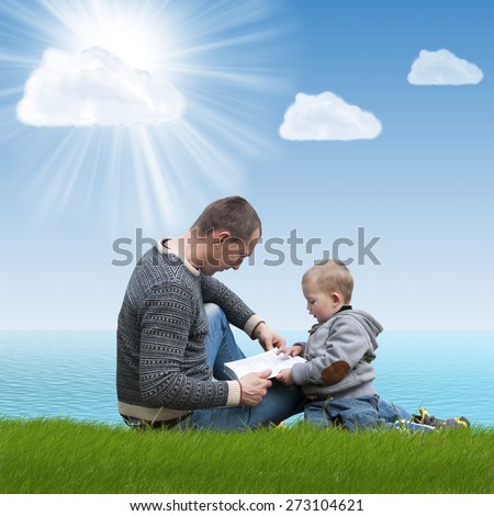 dad and son reading a book on nature, natural objects painted Photoshop tools