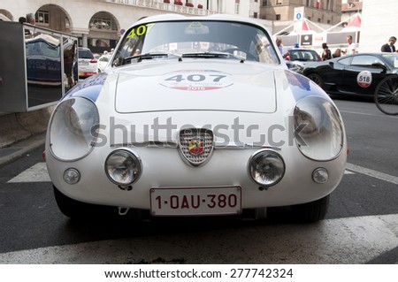 BRESCIA,ITALY - MAY,13:Registration of participants of the famous race retro cars Mille Miglia, May 13,2015 in Brescia,Italy. FIAT 750 berlinetta Zagato, 1956 built