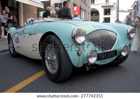 BRESCIA,ITALY - MAY,13:Registration of participants of the famous race retro cars Mille Miglia, May 13,2015 in Brescia,Italy. AUSTIN HEALEY 100 M,1956 built