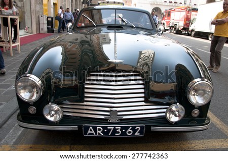 BRESCIA,ITALY - MAY,13:Registration of participants of the famous race retro cars Mille Miglia, May 13,2015 in Brescia,Italy. ASTON MARTIN DB 2/4, 1953 built