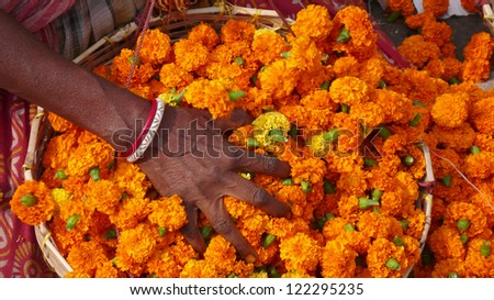 Basket of flowers at the flower market in Kolkata. India
