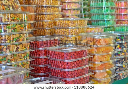 candy boxes stacked on store shelf
