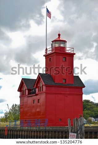 red lighthouse in Holland, Michigan harbor