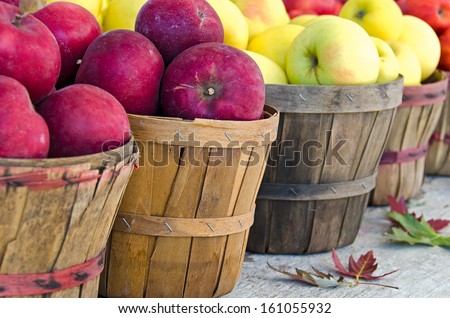 red and yellow apples with fall leaves in bushel baskets