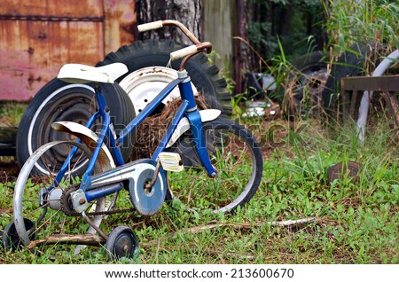 rusty bicycle with training wheels in weeds