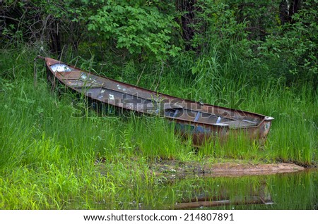 rusty old row boat in weeds with pond water reflection