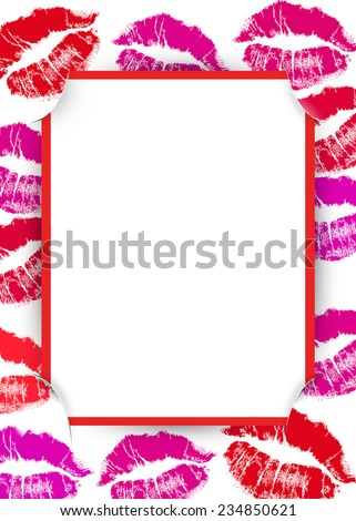 valentine lipstick kisses with slit corner red frame and white background