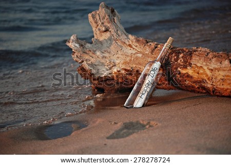 New year message in a bottle for 2016 on driftwood at the seashore