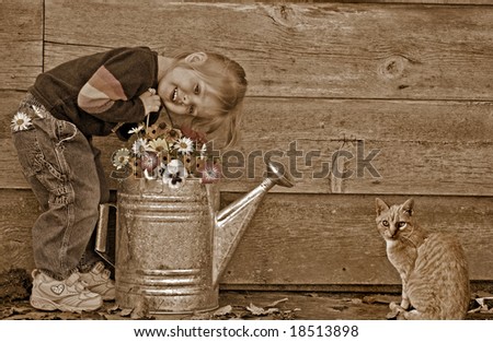 cat and child with watering can