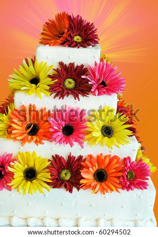 silk flowers on tiered cake