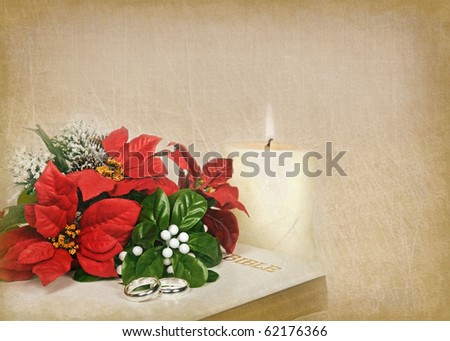 stock photo christmas wedding bouquet and bible on textured background