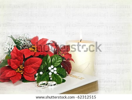stock photo christmas bridal bouquet and rings on bible