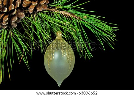 fancy ornament hanging from pine bough
