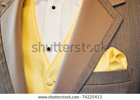 light yellow vest and handkerchief accenting a brown tuxedo.