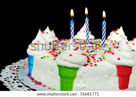 colorful ice cream cone cake with candles