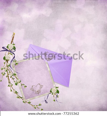 stock photo wedding stationery and flowering branch on lavender textured 