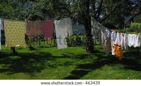 A backyard garden with a lawn and laundry hung up to dry on the clothesline