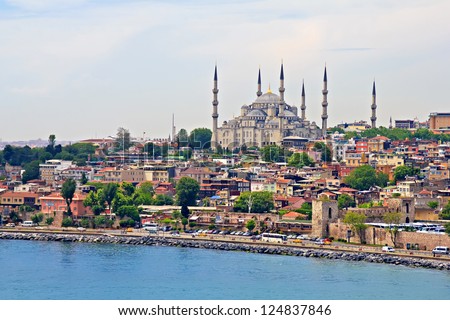 Blue Mosque and Istanbul, view from Bosporus strait