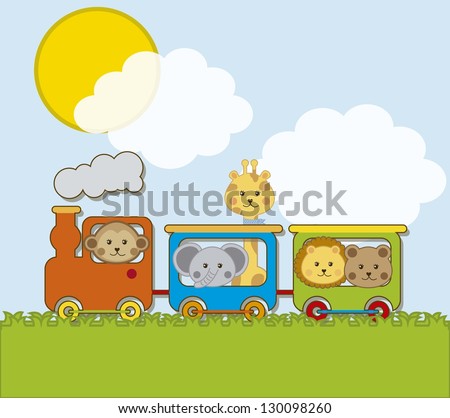 baby animals with train over white background. vector illustration