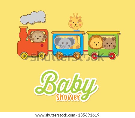 baby animals with train over yellow background baby shower