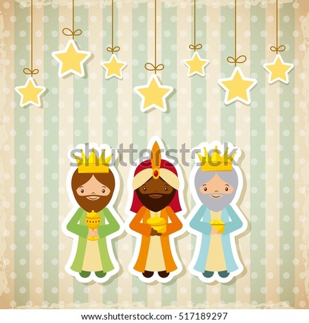cartoon three wise men with decorative stars hanging. merry christmas design. vector illustration