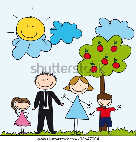 Family Drawing Over Cute Landscape, Background. Vector - 98647004