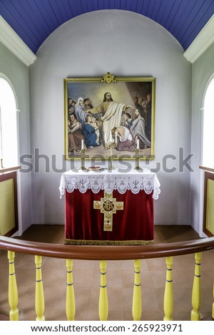 Akureyri, Iceland - July 8, 2014: The interior of a small rural Icelandic church.  Despite the small population, Iceland still has many small churches.