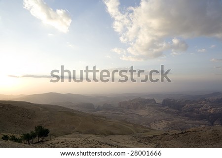 Sunset landscape in mountain desert near Wadi Rum, Jordan.
